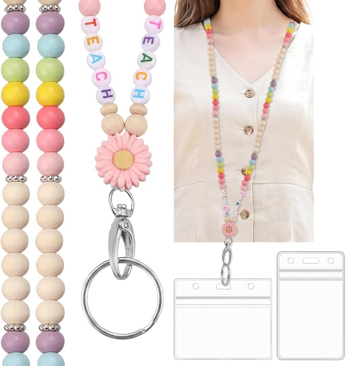 Teacher Lanyard for ID Badges Wooden Beaded Lanyard by BESARME