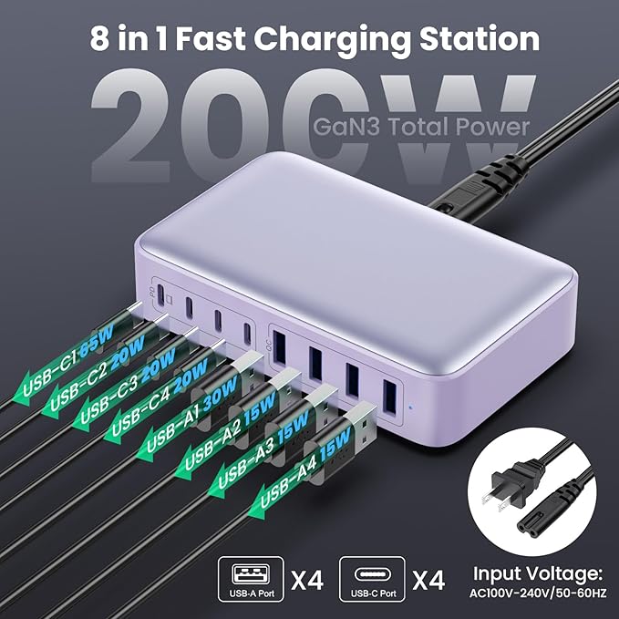 USB C Charger 200W USB C Charger Block GaN III 8-Port Fast Charging Station PD 65W Laptop Charger Adapter Compatible with MacBook Pro/Air,DELL,HP Surface,iPhone 15/14/13,Galaxy S23/22 (Purple)-DeskLoop Office