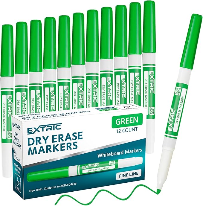 EXTRIC Green Dry Erase Markers Fine Tip 12 PK Whiteboard Markers | Use: School by EXTRIC