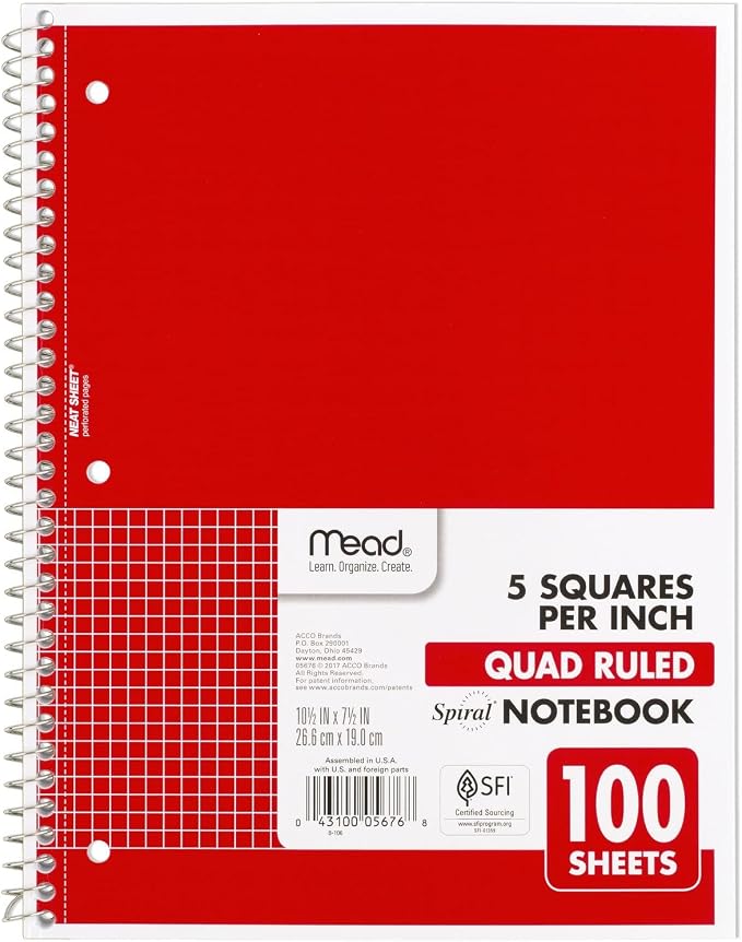 Mead Spiral Notebook, 1 Subject, Graph Ruled Paper, 7-1/2" x 10-1/2", 100 Sheets by Mead