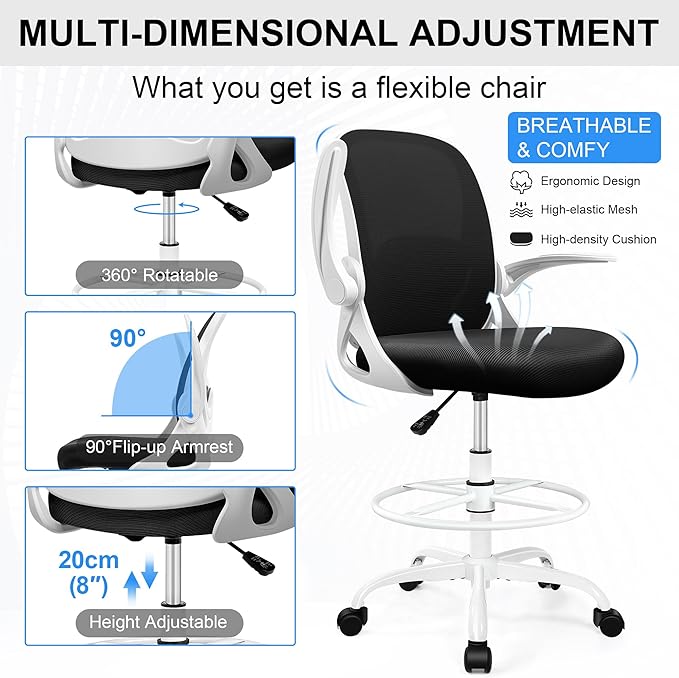 Drafting Chair Tall Office Chair with Flip-up Armrests, Adjustable Height, and Enhanced Lumbar Support - Ergonomic Rolling Stool, Back Support, and Adjustable Foot Rest Ring for Standing Desk White-DeskLoop Office