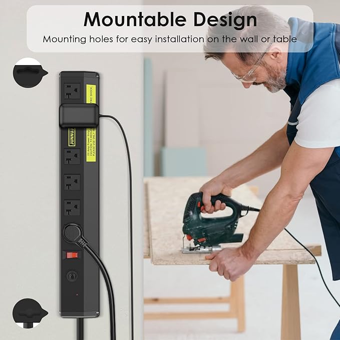 JUNNUJ Heavy Duty Metal Power Strip 20 Amp, High Amp Surge Protector 6 Outlet, 20A Power Strips Workshop Industrial Outlets Wide Spaced 6-20R T-Slot with Circuit Breaker, 12 Gauge Extension Cord 10ft-DeskLoop Office