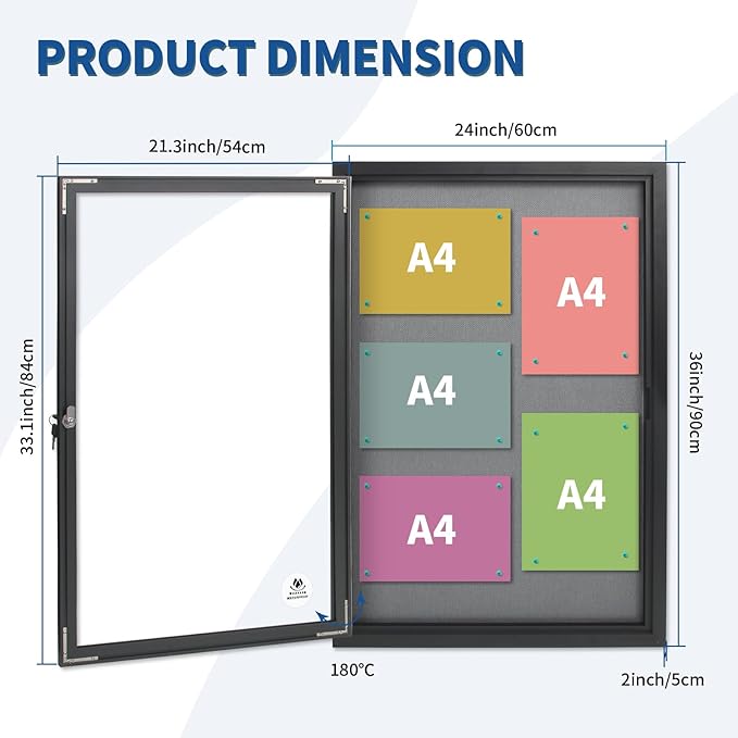 Lockable Outdoor Enclosed Bulletin Board,Weatherproof Cork Noticeboard with Locking Door, Wall-Mounted Aluminum Frame Display Case for Office, Home, School (Black Frame | Greyfelt Surface, 36x24 inch)-DeskLoop Office