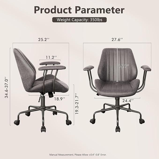 Mid Century Modren Office Chair - Mid Back Swivel Executive Chair with Lumbar Support,Ergonomic Computer Desk Chair with Wheels,Faux Lether Suede Task Chair,350lbs (Grey, Mid Back)-DeskLoop Office