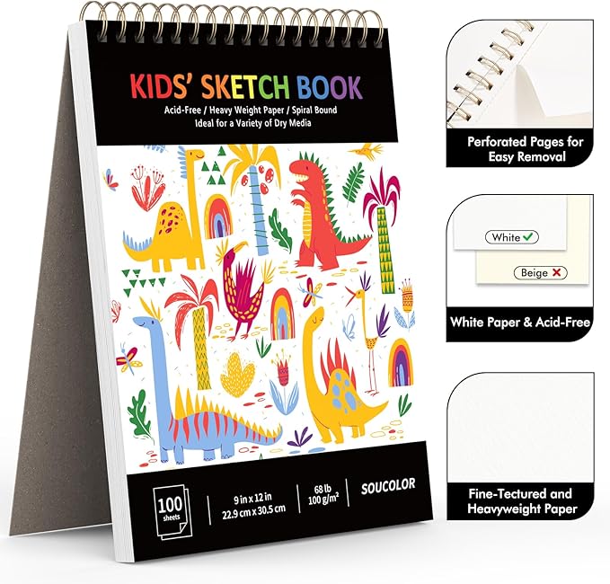 Soucolor 9" x 12" Kids Sketch Book, 100 Sheets Spiral Bound Art Sketchbook, Acid Free Artist Drawing Book Paper, Art Supplies for Adults, Craft Activities, Sketch Paper for Drawing Coloring Sketching-DeskLoop Office