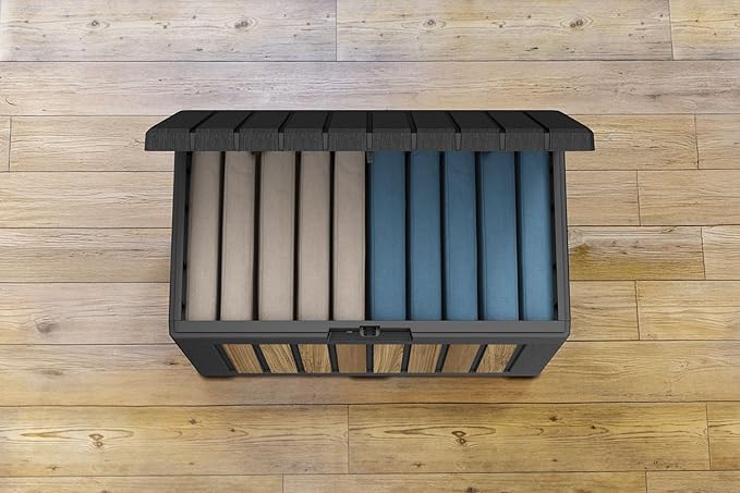 Keter Signature Collection 50 Gallon Resin Deck Box Organization and Storage Box for Patio Outdoor Cushions, Throw Pillows, Garden Tools and Pool Supplies, Oakridge-DeskLoop Office