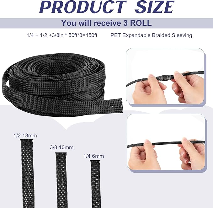 150 Feet 1/4, 3/8 Inches Braided Wire Loom PET Cable Loom Expandable Braided - Image 2
