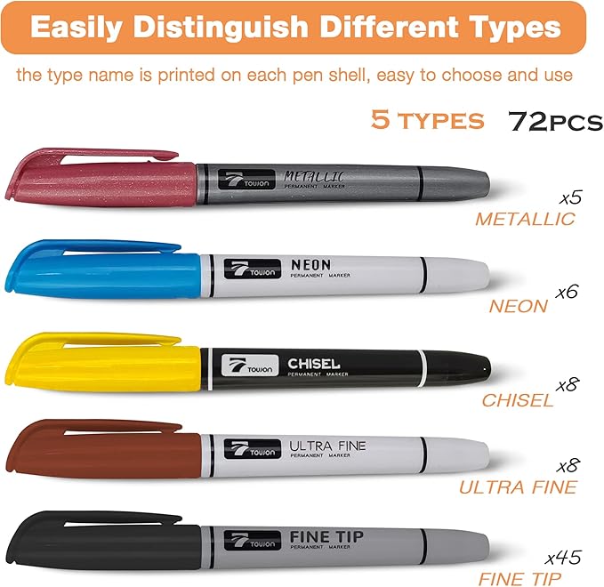 Permanent Markers 72 Assorted Colors - Waterproof Colored Pens Set 45 Fine Tip, 8 Ultra Fine, 8 Chisel Tip, 6 Neon, 5 Metallic Markers Home Office School Supplies for Kids, Adults Coloring-DeskLoop Office