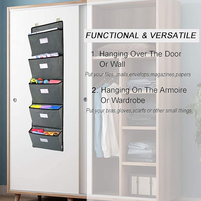 Over the Door Hanging File Organizer 5 Extra Large Pockets Wall Hanging File - Image 5