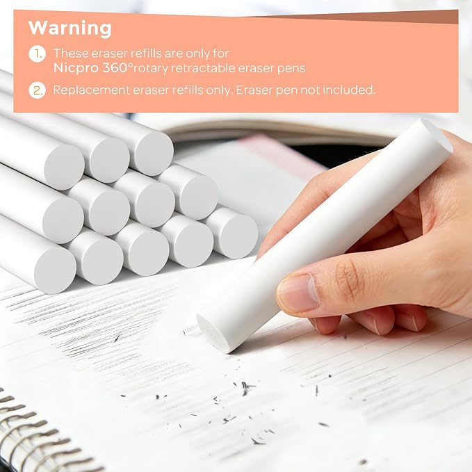 Nicpro 12 Pack TPE Rotary Retractable Pen Eraser Refills, Powerful Erasing - Image 2
