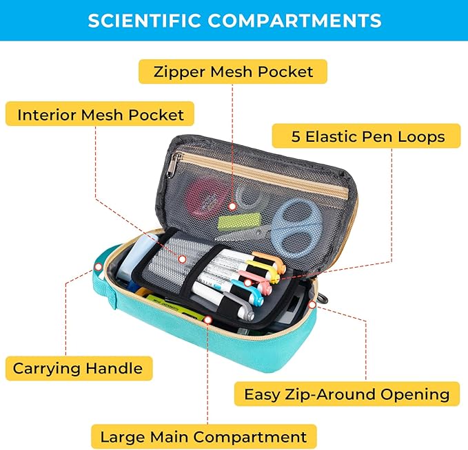 ECHSRT Big Pencil Case, Aesthetic Portable Zipper Pencil Bag with Hidden Pocket, Special Pouch for Men Women Adults, Stationery Organizer Pen Cases for Office Travel, Teal-DeskLoop Office