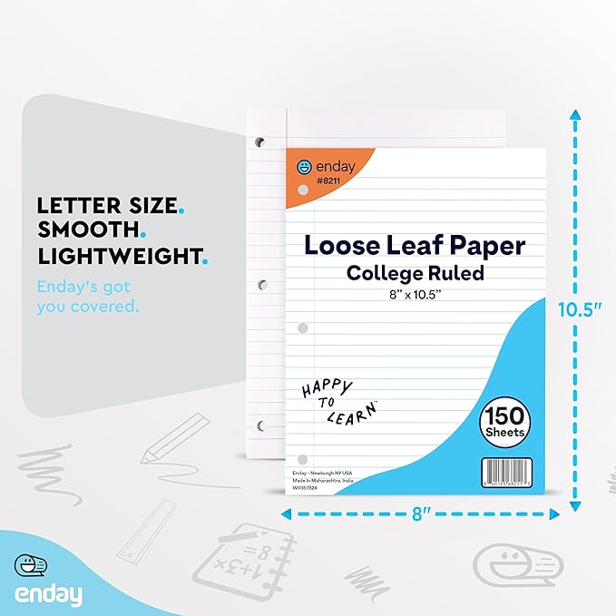 Loose Leaf Paper College Ruled Notebook Paper, 8" x 10.5" Filler Paper White, 3 Hole Punched Binder Paper for 3 Ring Binders, Lined Paper 150 Sheets Per Pack (2 Pack) - By Enday-DeskLoop Office