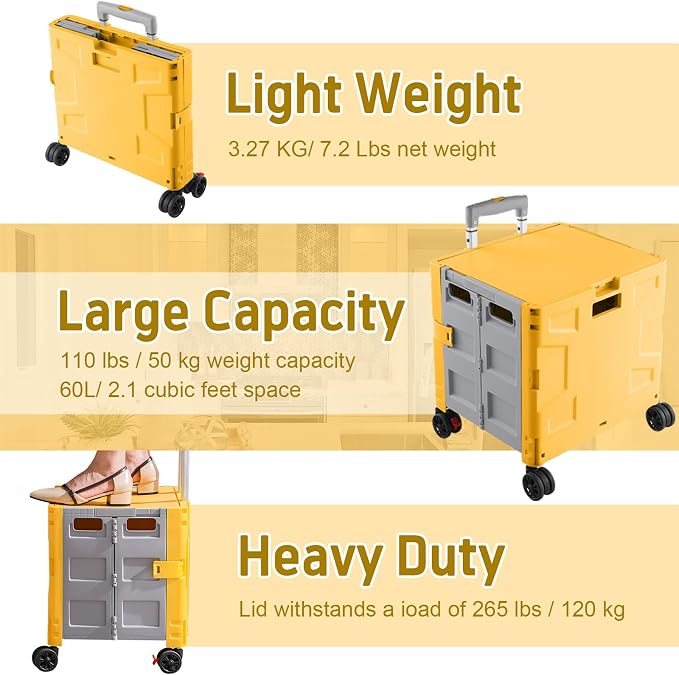 FELICON Folding Utility Cart Rolling Crate Handcart Basket Tote-Yellow+Gray | - Image 6
