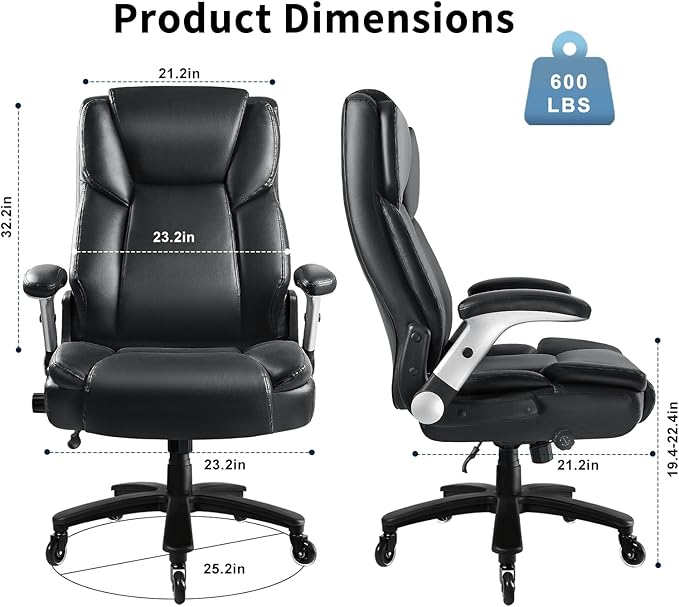 Big and Tall Office Chair 600LBS, Heavy Duty Office Chair for Heavy People, High Back Executive Office Leather Chair with Adjustable Armrests and Lumbar Support, Black Ergonomic Big Tall Chair-DeskLoop Office