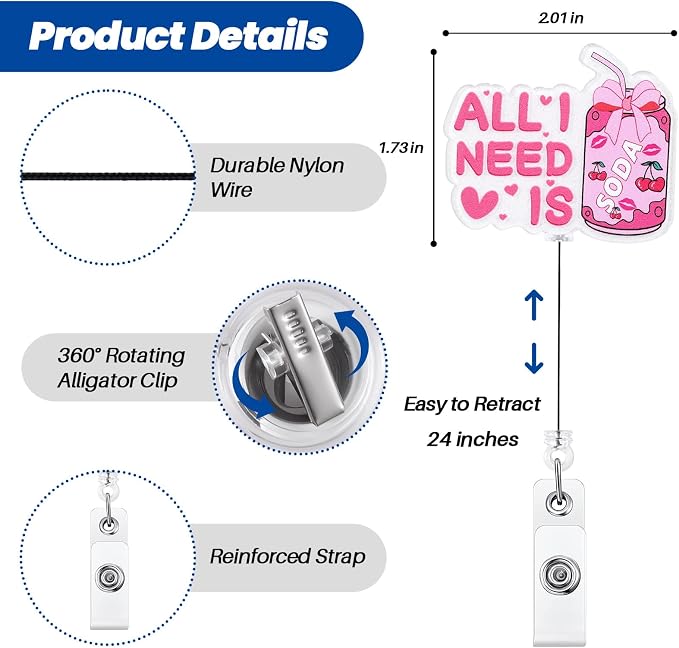 All I Need is Soda Funny Nurse Badge Reel, Cute Pink Bow Cherry Retractable ID - Image 2