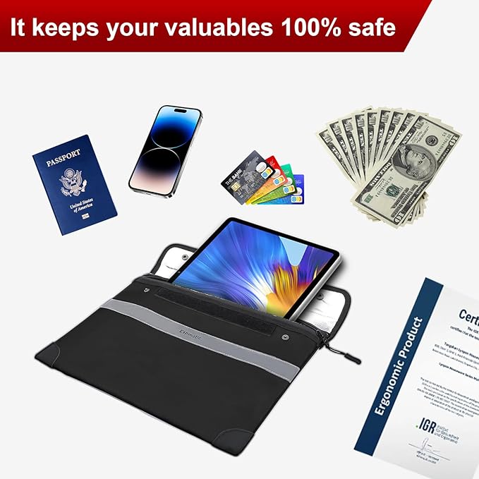 Fireproof Document Bag – 5200°F Heat-Resistant, 14.2" x 10.6" Waterproof Money Pouch with 8-Layer Protection, Zipper and Snap Closure, Reflective Strip for Quick Access, Black-DeskLoop Office