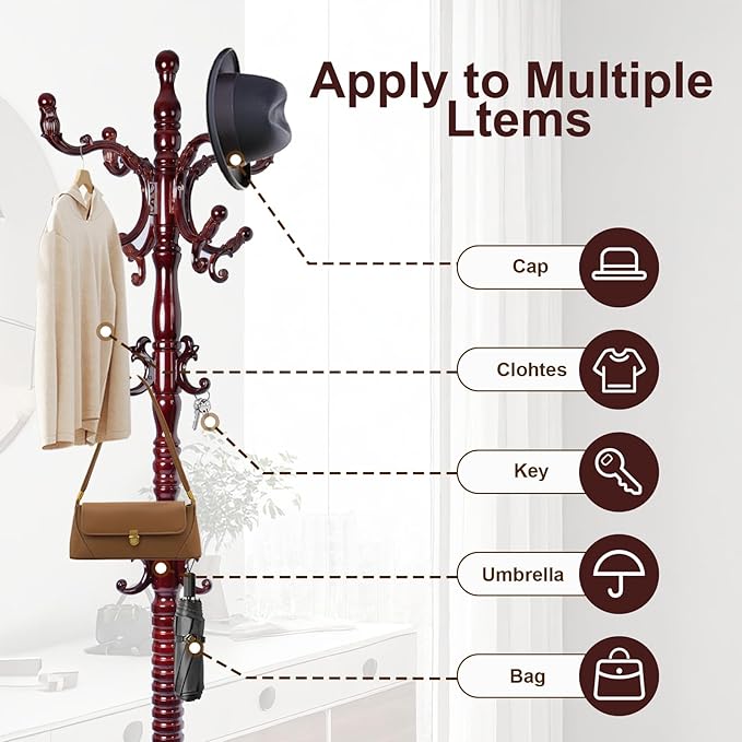 Solid Wood Coat Rack – 73" Freestanding Coat Racks Stand with 14 Hooks & Stable Base, Adjustable Height Modern Wooden Hall Tree for Entryway, Bedroom, Office, Home (Mahogany Triangle)-DeskLoop Office