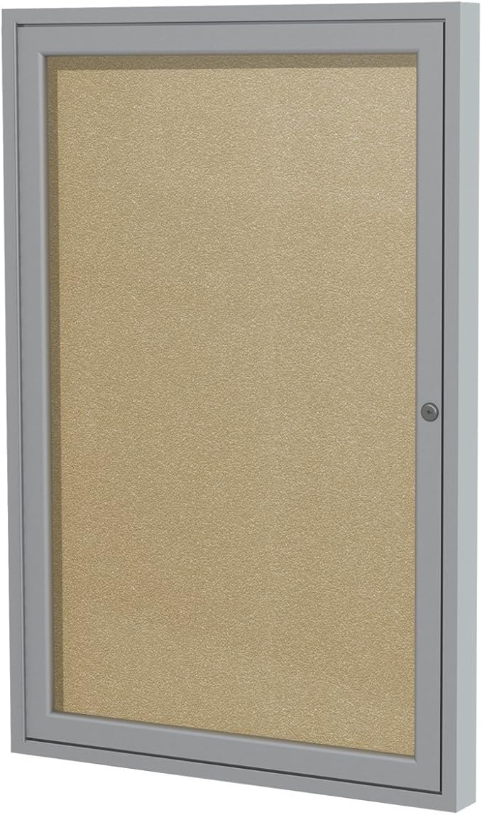 Ghent 36"x30" 1-Door Outdoor Enclosed Vinyl Bulletin Board, Shatter Resistant, with Lock, Satin Aluminum Frame - Caramel (PA13630VX-181), Made in the USA-DeskLoop Office