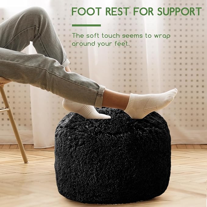HIGOGOGO Round Stuffed Pouf Ottoman, Long Faux Fur Poufs with Foam Chunk Filling, Fluffy and Furry Pouf Foot Stool Storage Ottoman, 20 X 15 Floor Poufs Foot Rest for Living Room, Black-DeskLoop Office