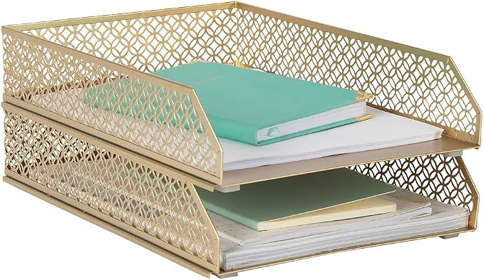 BLU MONACO | Paper Tray Stackable Gold Set of 2 | Stackable File Trays by Blu_Monaco