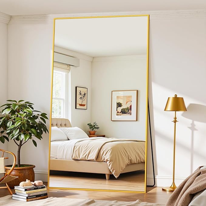 Full Length Mirror, 86"x46" Oversized Floor Mirror Freestanding, Full Body Mirror Floor Standing Mirrors with Stand, Hanging Mounted Mirrors for Bedroom Living Room, Gold, Rect Style-DeskLoop Office