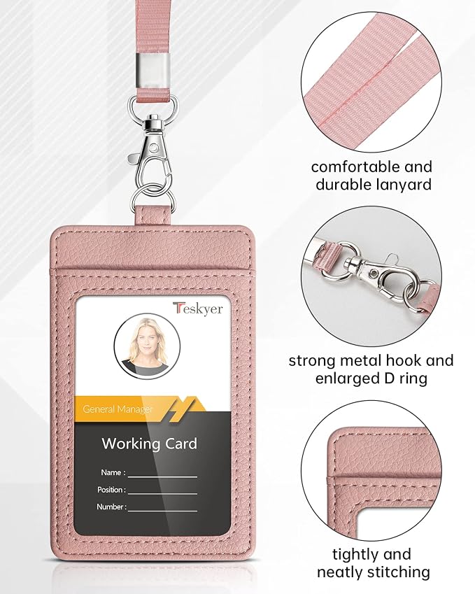 Teskyer Badge Holder with Lanyard, Leather ID Name Badge Card Holder with - Image 3