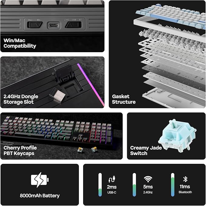 EPOMAKER TH108 Full Size Mechanical Keyboard, Wireless Gaming Keyboard with 8000mAh Battery, Creamy Gasket, 108 Keys, Hot Swap, Custom Driver, RGB Backlight (Black, Creamy Jade)-DeskLoop Office
