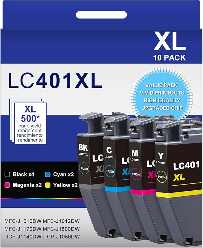 LC401XL LC401 High Yield MFC-J1010DW Ink Cartridges 10-Packs Compatible for Brother 401XL LC-401 Ink Cartridges Work with MFC-J1010DW J1170DW J1012DW J1800DW (4 Black, 2 Cyan, 2 Magenta, 2 Yellow)-DeskLoop Office