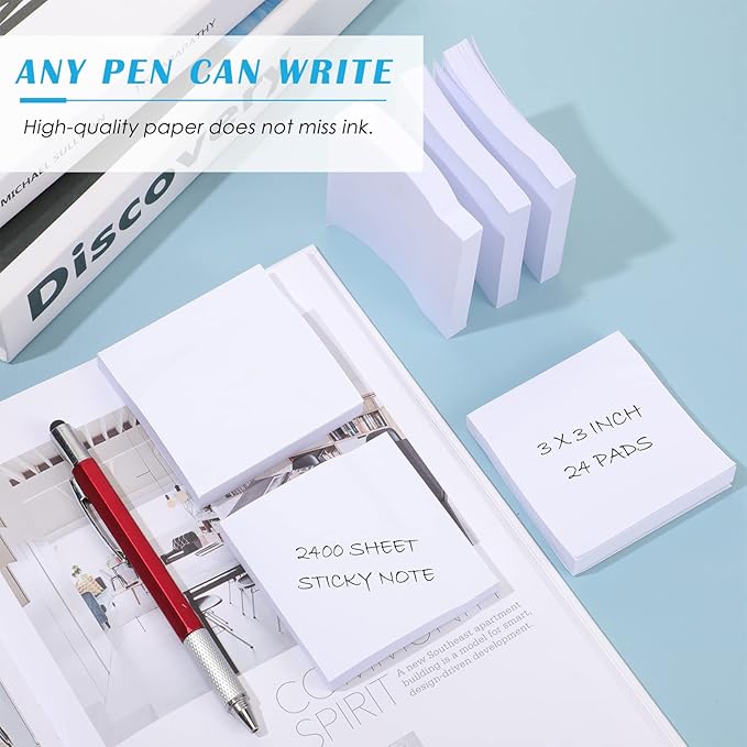Sabary 2400 Sheets White Sticky Notes 3 x 3 Inch Self Stick Notes Pads Easy Note Pads for Office Home Studying Supplies, 24 Pads, 100 Sheets/Pad, Individual Package-DeskLoop Office