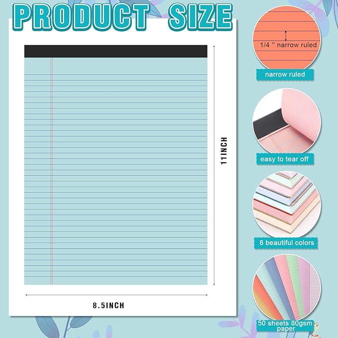 Fuutreo 8 Pcs 8.5'' x 11'' Colored Legal Pad Writing Pads Narrow Ruled 50 Sheets Per Notepad Perforated Writing Notepad Office Supplies for College Office Business (Candy Color)-DeskLoop Office