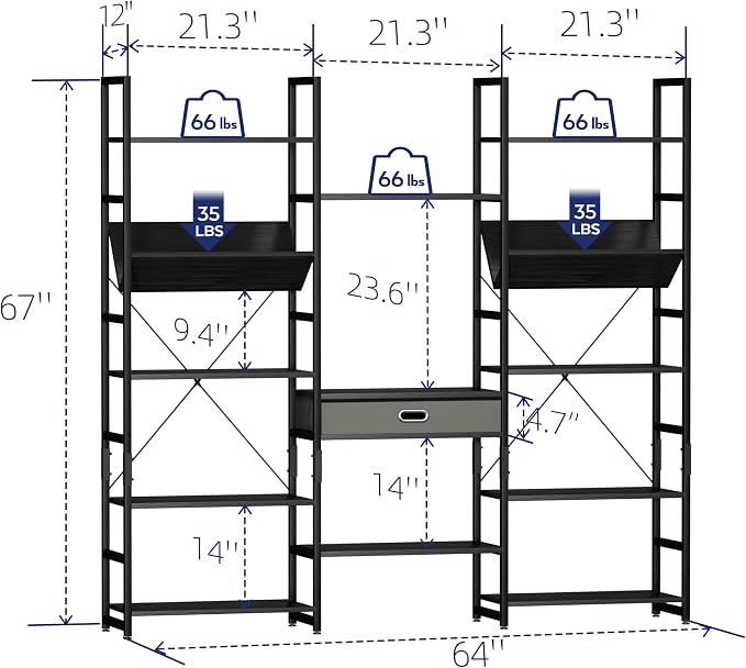 NUMENN Triple Wide 5 Tier Bookshelf, Adjustable Rustic Industrial Style Book - Image 3