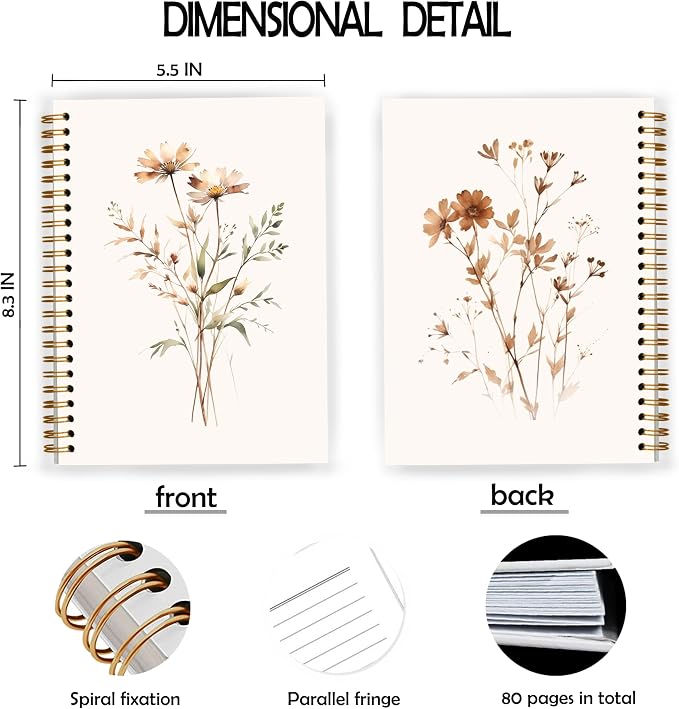 JWVK Retro Neutral Flower Spiral Notebook, Boho Floral Botanical Notebooks - Image 2