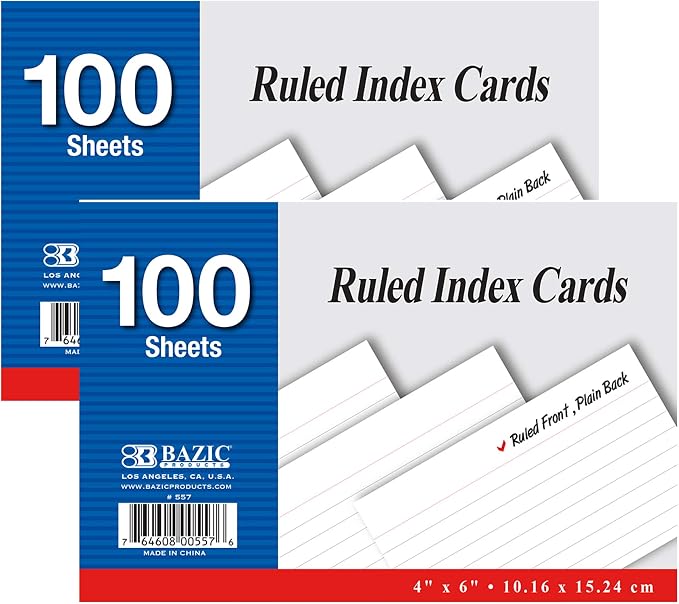 BAZIC Products White Ruled Index Cards, 4 x 6 in, 100 Ct, study notes, by BAZICProducts