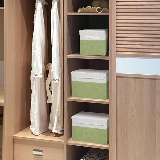 Large 22 Quart Linen Fabric Foldable Storage Bin Cube Organizer Basket with Flip-Top Lid & Handles, Clothes Blanket Box for Home, Office, Closet, Green & White, 4 Pack 14.6 x 9.5 x 9.5-DeskLoop Office