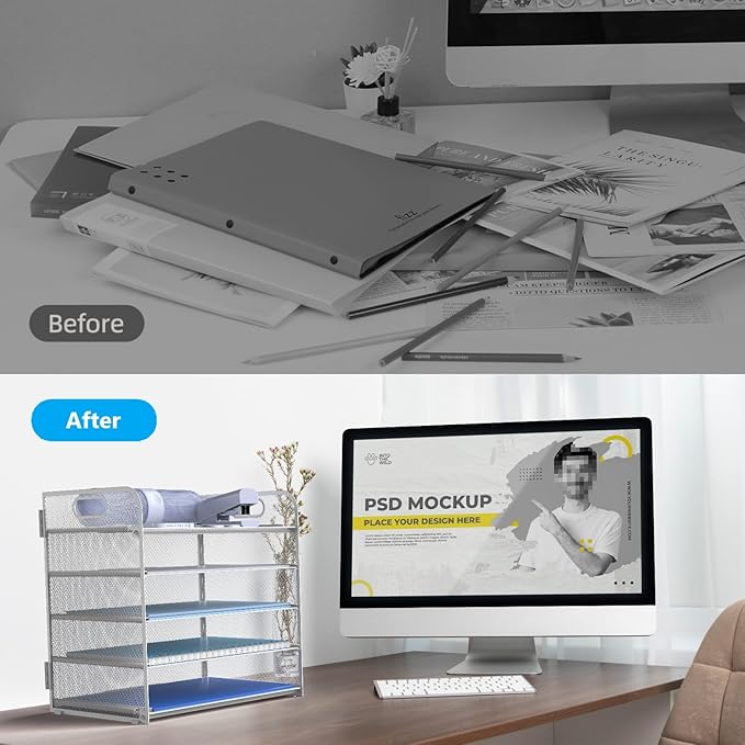 Letter Tray Paper Organizer 5-Tier Desk Organizer File Organizer Paper Holder with Handle, Metal Desktop Document Shelf Tray Office Classroom Organization - White