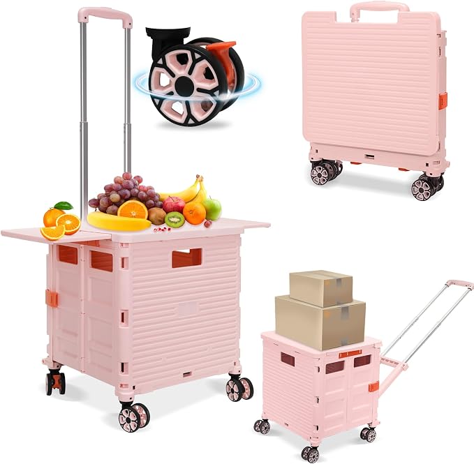 FELICON SELORSS Folding Utility Cart Portable Rolling Crate Handcart-Pink | by FELICON