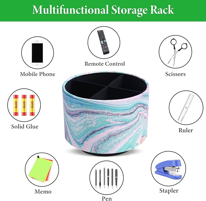 Round Leather Art Supply Organizer,Remote Control Holder,360-degree Rotating Pen Organizer with 4 Compartments(1-Pink Green Splash Ink)-DeskLoop Office