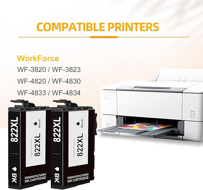 Remanufactured Ink Cartridges Replacement for Epson 822 822XL Ink Cartridges for Workforce Pro WF-3823 WF-4833 WF-4830 WF-4820 (2Black)-DeskLoop Office