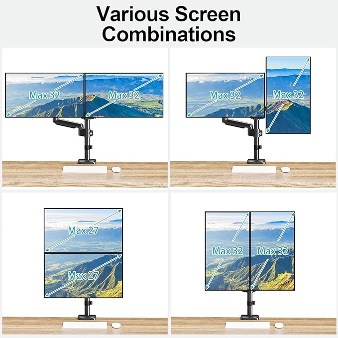 MOUNT PRO Dual Monitor Mount for 13-32" Computer Screen, Tall Monitor Stands for 2 Monitors, Adjustable Gas Spring Double Vertical Monitor Desk Mount, Each Arm Holds 4.4 to19.8lbs, VESA Mount, Black