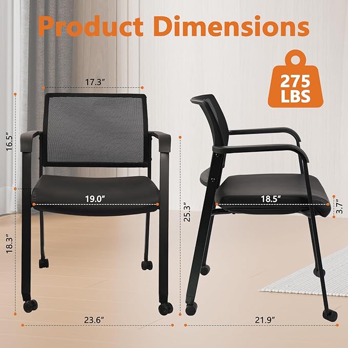 CLATINA Stacking Office Chair with Wheels, Mesh Back Waiting Room Guest Chairs with Arms Comfortable Leather Cushion Stackable Desk Chair for Conference Reception School Side Stationary, Black-DeskLoop Office