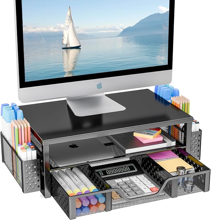 Simple Trending 2-Tier Monitor Stand Riser, Drawer & 2 Pen Holders by SimpleTrending