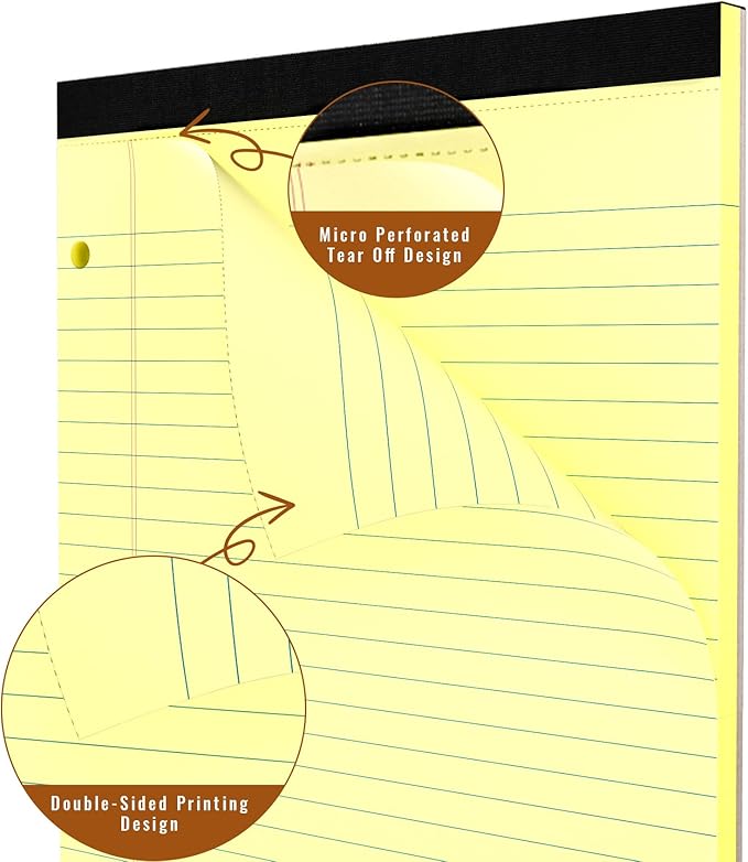 HAUTOCO 8.5 x 11 Legal Pads 6 Pack Yellow Wide Ruled Lined Writing Note Pads Perforated Notepad, 30 Sheets Per Notepad, 3-Hole Punched Paper for School, Office