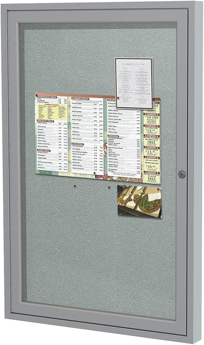 Ghent 24"x18" 1-Door Outdoor Enclosed Vinyl Bulletin Board, Shatter Resistant, with Lock, Satin Aluminum Frame - Silver (‎PA12418VX-193), Made in The USA-DeskLoop Office
