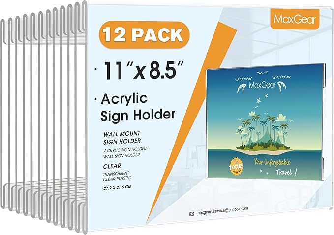 MaxGear Acrylic Sign Holder 8.5 x 11 Wall Mount, 6 Pack, Landscape | Includes by MaxGear