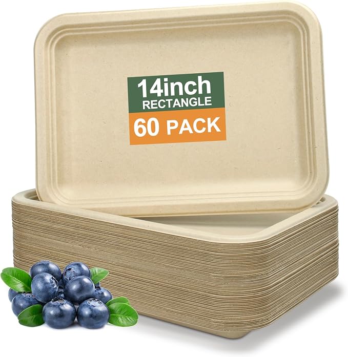 60 Pack Disposable Food Trays, Heavy Duty Paper Plates, 14 Inch Disposable by BangShou