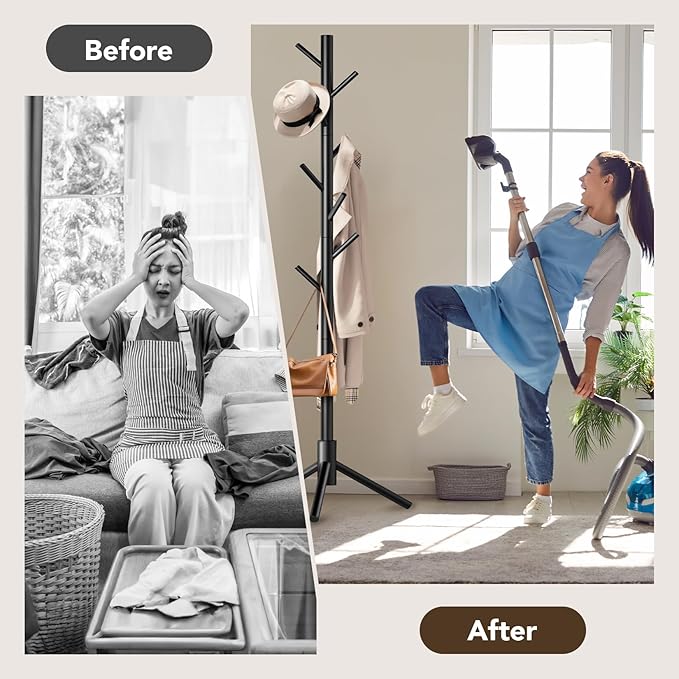 Wooden Tree Coat Rack Stand,Sturdy Freestanding Coat Rack with 8 Hooks,3 Adjustable Height for Child Adult,Wood Coat Stand Tree Fits Entryway Bedroom Office for Bags,Hats-DeskLoop Office