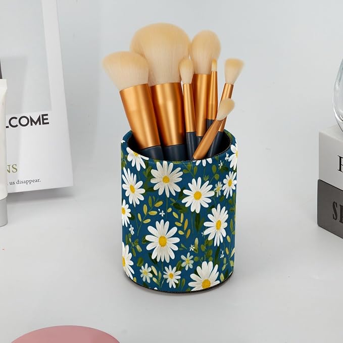 Leather Pen Holder for Desk Small Daisies Leaf Pencil Cup Desktop Organizer - Image 6
