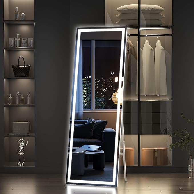 Hasipu Full Length Mirror with Lights, 65" x 20" LED Floor Mirror, Full Body Dressing Standing, Hanging Mounted Mirror for Living Room Bedroom Cloakroom, Square White-DeskLoop Office