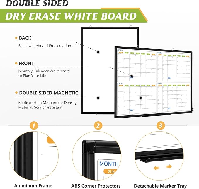 36" x 24" Magnetic Dry Erase Calendar Whiteboard, 4 Month Calendar White Board Planner, Black Aluminum Frame Wall Mounted Board for Office Home and School-DeskLoop Office