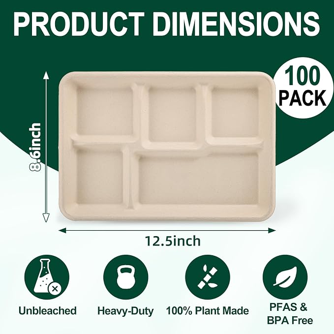 Tinybee 100% Compostable 5 Compartment Paper Plates 12.5 * 8.6 Inch Heavy Duty - Image 2